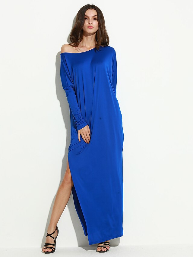 Women's Casual / Daily Simple Maxi Loose Dress - Solid Colored Split Off Shoulder All Seasons Cotton Gray Blue Khaki