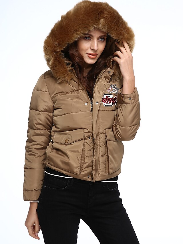  Women's Padded Parka Daily Going out Solid Colored Polyester Long Sleeve Black / Pink / Brown M / L / XL