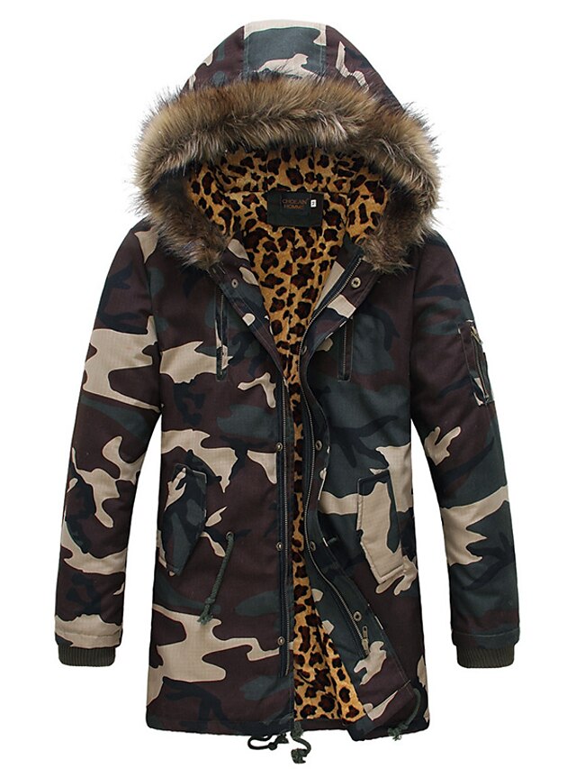  Heren Herfst Winter Dagelijks Informeel Gewatteerd camouflage Polyester Lange mouw Capuchon Leger Groen M / L / XL