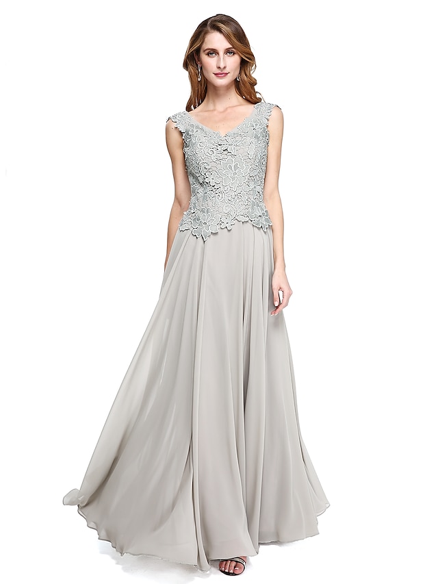  A-Line V Neck Floor Length Chiffon / Lace Mother of the Bride Dress with Lace by LAN TING BRIDE®