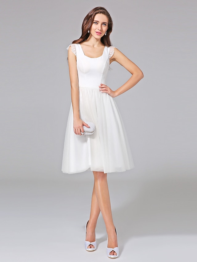  A-Line Scoop Neck Knee Length Cotton / Tulle Cap Sleeve Formal / Casual Little White Dress Made-To-Measure Wedding Dresses with Lace 2020