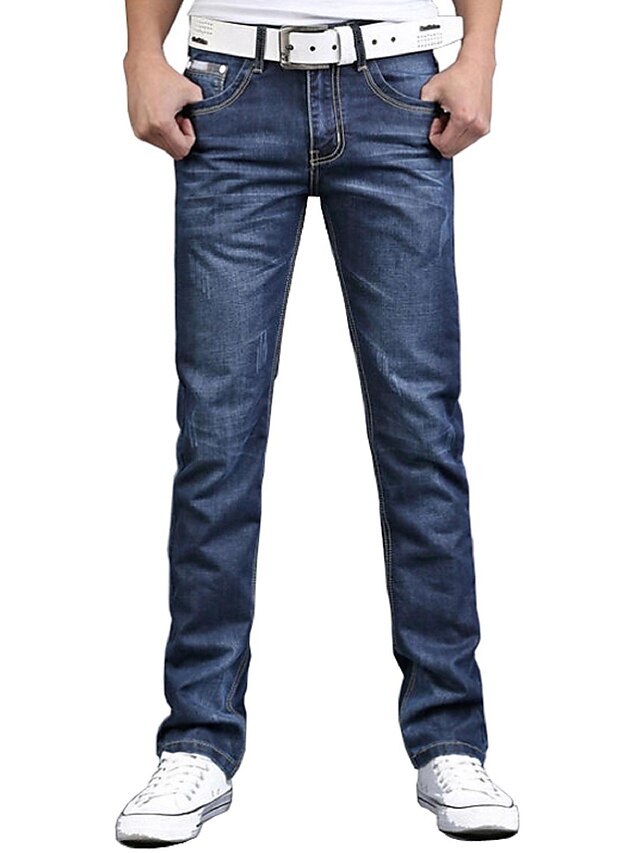  Homme simple Taille Basse Micro-élastique Jeans Pantalon,Droite Couleur Pleine