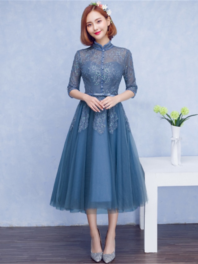 A-Line Square Neck Tea Length Tulle Cocktail Party Dress with Beading ...