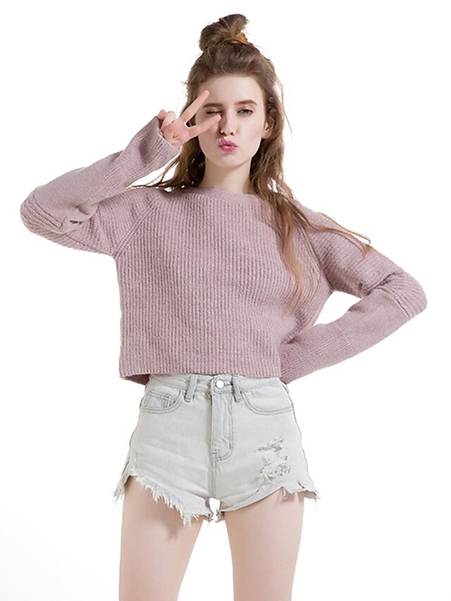  Damen Standard Pullover-Lässig/Alltäglich Einfach Solide Rundhalsausschnitt Langarm Wolle Baumwolle Polyester Winter Dick Mikro-elastisch