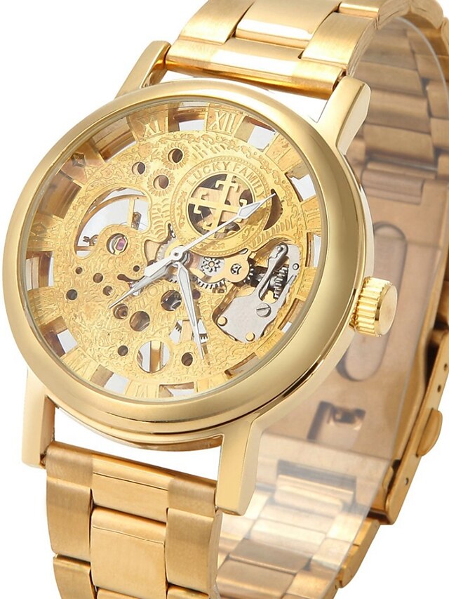  Heren Skeleton horloge Polshorloge mechanische horloges Handmatig opwindmechanisme Roestvrij staal Zilver / Goud Hol Gegraveerd Cool Analoog Bloem Informeel Vintage Modieus - Goud Zilver