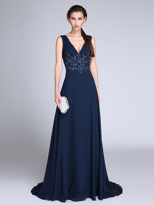 A-Line Elegant Formal Evening Black Tie Gala Dress V Neck Sleeveless Sweep / Brush Train Chiffon with Ruched Appliques 2020