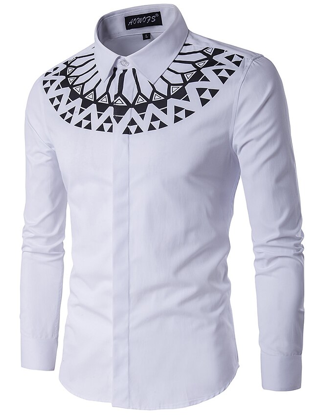  Men's Shirt Geometric Standing Collar White Long Sleeve Daily Weekend Slim Tops