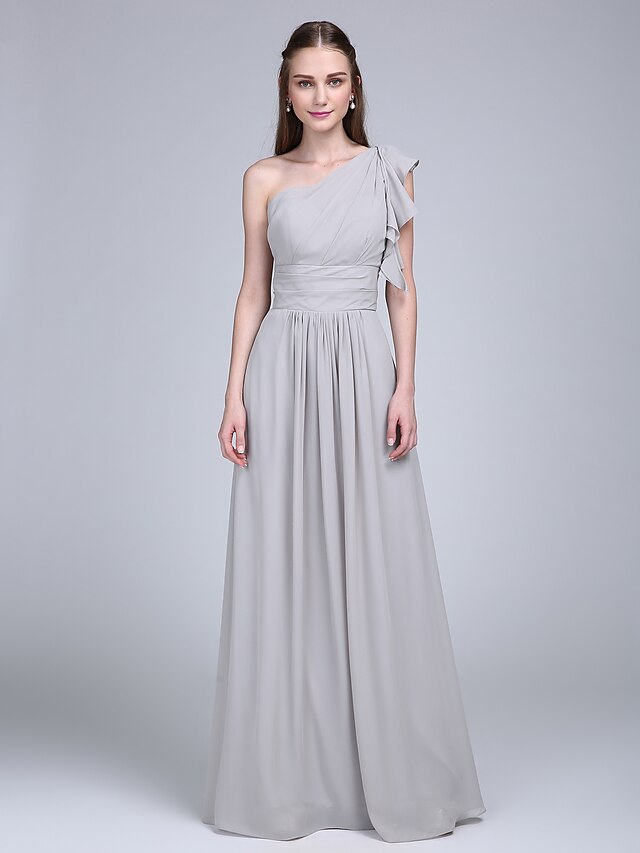  Sheath / Column One Shoulder Floor Length Chiffon Bridesmaid Dress with Side Draping / Ruffles / Ruched by LAN TING BRIDE®