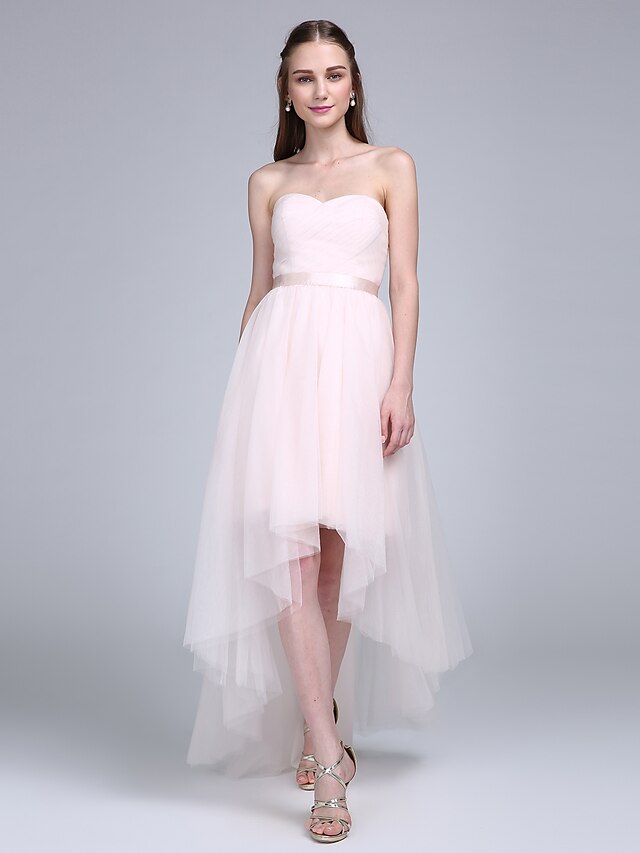  A-Line Sweetheart Neckline Asymmetrical Tulle Bridesmaid Dress with Sash / Ribbon / Criss Cross / Ruched by LAN TING BRIDE®