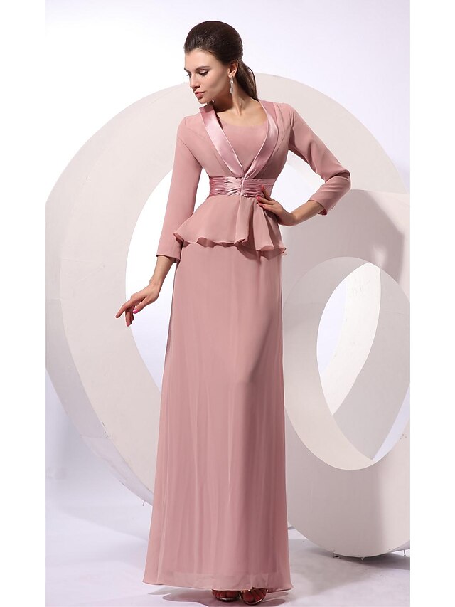  Tubinho Vestido Para Mãe dos Noivos Vestido Convertível Decorado com Bijuteria Longo Chiffon Sem Manga com Faixa / Fita 2020