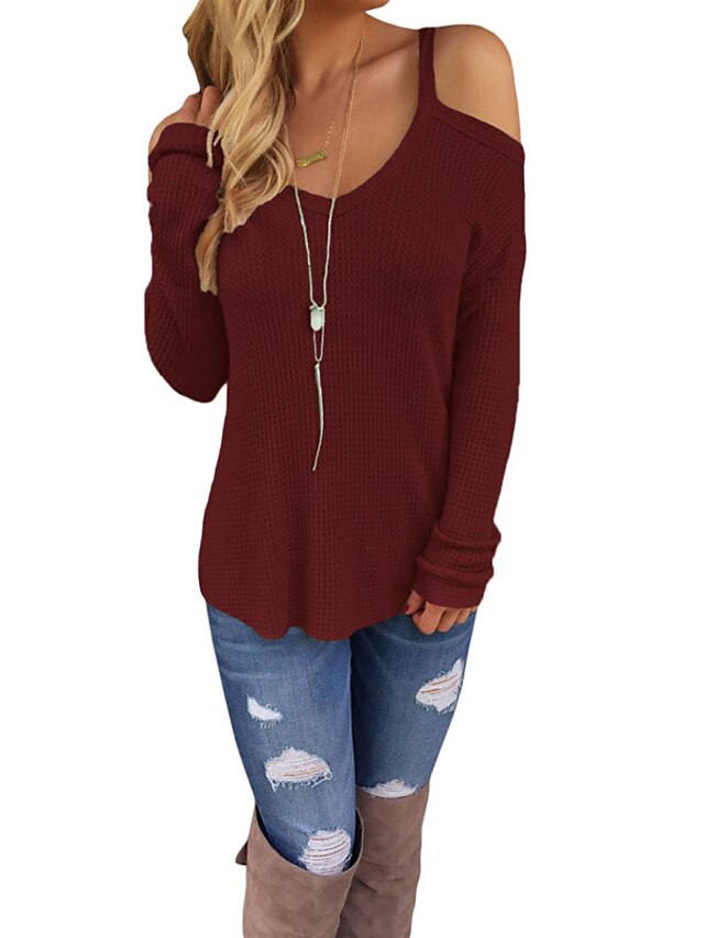  Women's Solid Colored Pullover Long Sleeve Regular Sweater Cardigans V Neck Fall Winter Wine Light Green / Going out / Sexy