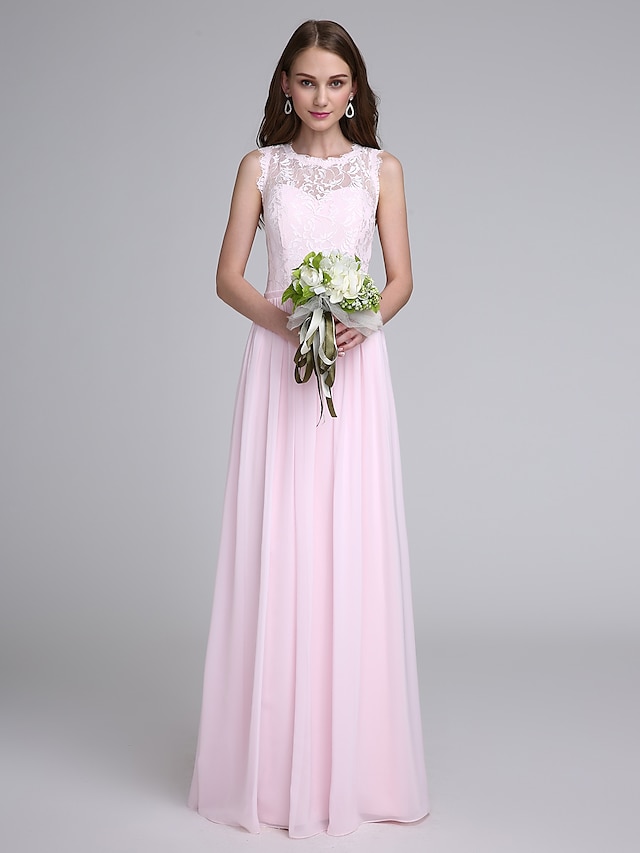  Sheath / Column Bridesmaid Dress Jewel Neck Sleeveless Elegant Floor Length Chiffon / Lace Bodice with Lace 2022