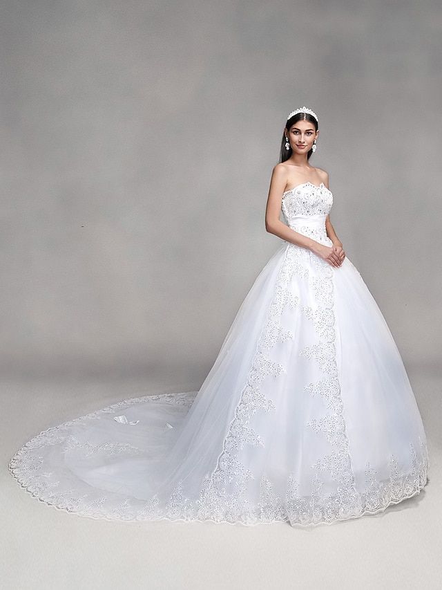  Ball Gown Wedding Dresses Sweetheart Neckline Sweep / Brush Train Tulle Over Lace Strapless Country Glamorous Sparkle & Shine Backless with Bowknot Beading Sequin 2022