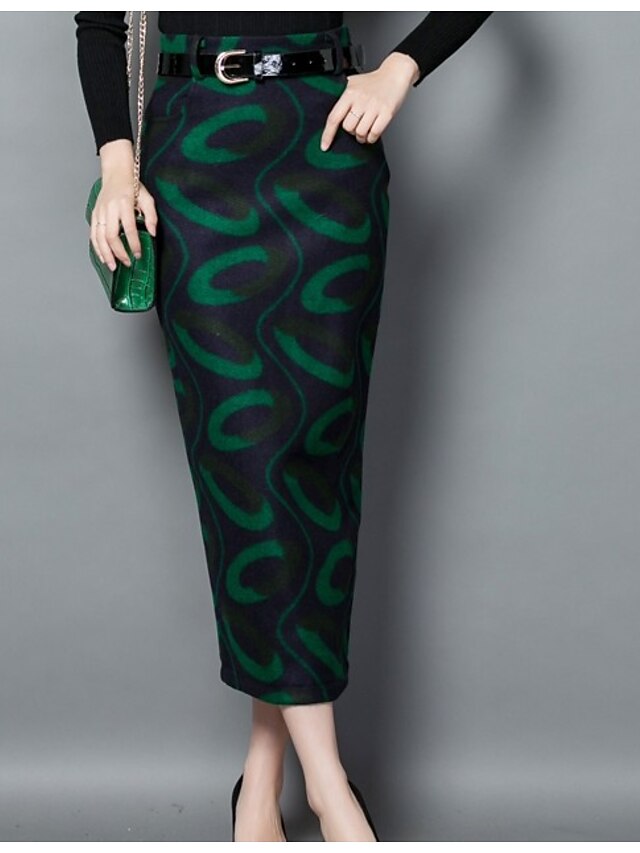  Women's Bodycon Print Skirts,Casual/Daily Mid Rise Midi Button Polyester Micro-elastic All Seasons