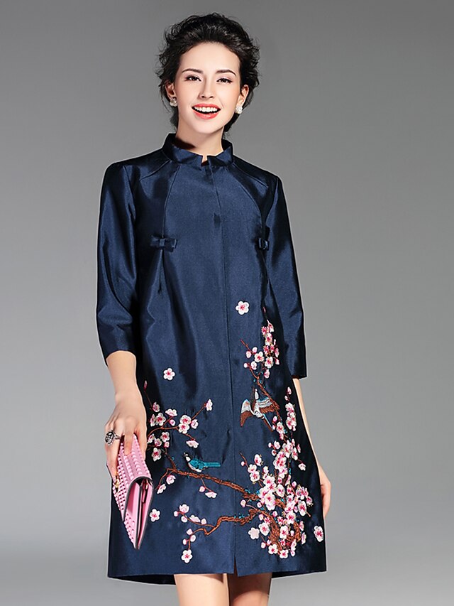  Women's Chinoiserie Trench Coat-Flower/Floral,Embroidered Stand