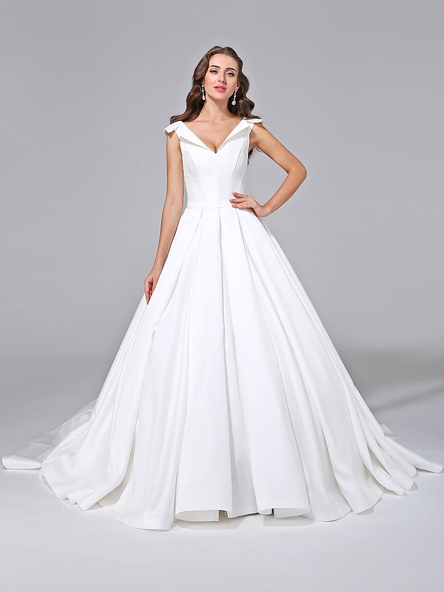 Hall Open Back Formal Wedding Dresses A-Line V Neck Cap Sleeve Court ...