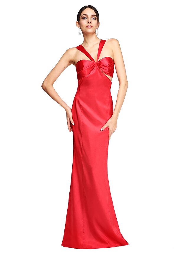  Sheath / Column Celebrity Style Formal Evening Dress Straps Sleeveless Sweep / Brush Train Stretch Satin with Pleats 2021