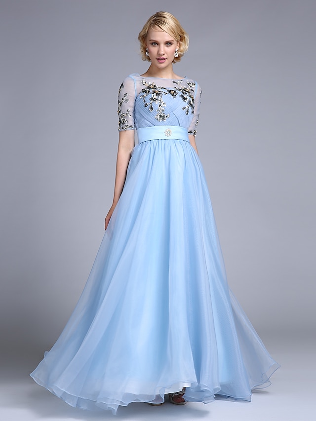  A-Line Jewel Neck Floor Length Spandex Prom / Formal Evening Dress with Appliques / Sash / Ribbon / Side Draping by