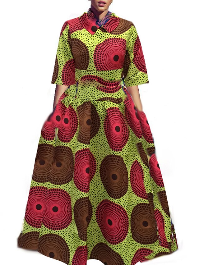  Set Jupe Costumes Femme,Imprimé Habillées Vintage Automne / Hiver ½ Manches Col de Chemise Rouge / Vert Polyester Opaque