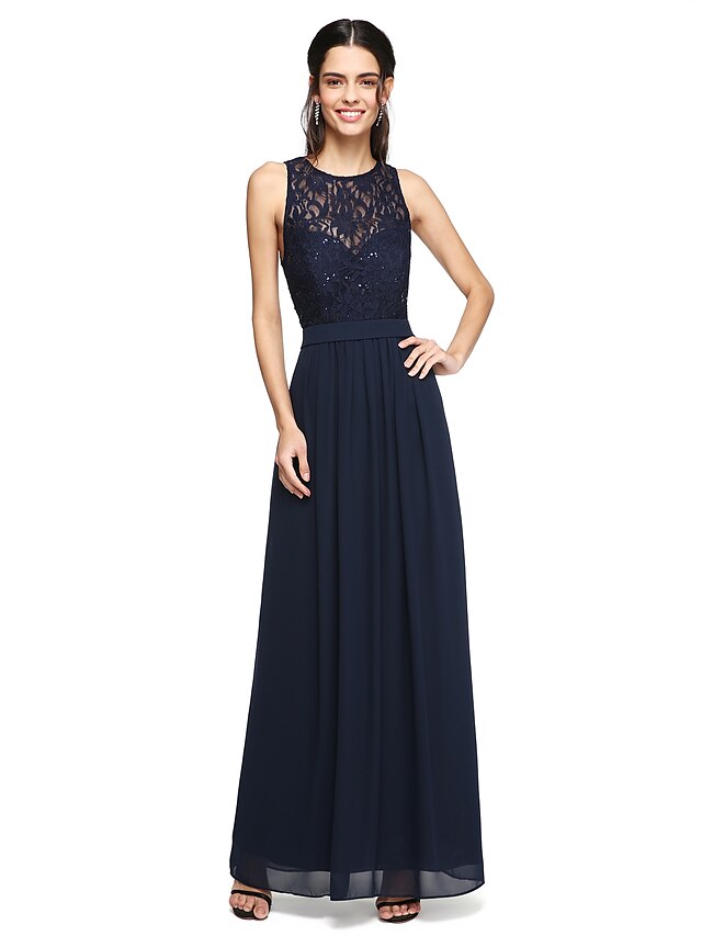  A-Line Jewel Neck Floor Length Chiffon / Lace Bridesmaid Dress with Sequin / Sash / Ribbon