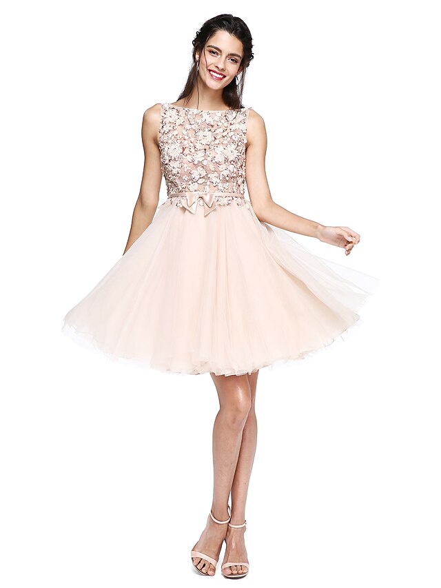  A-Line Boat Neck Knee Length Tulle Cocktail Party Dress with Appliques / Bow(s) by TS Couture®