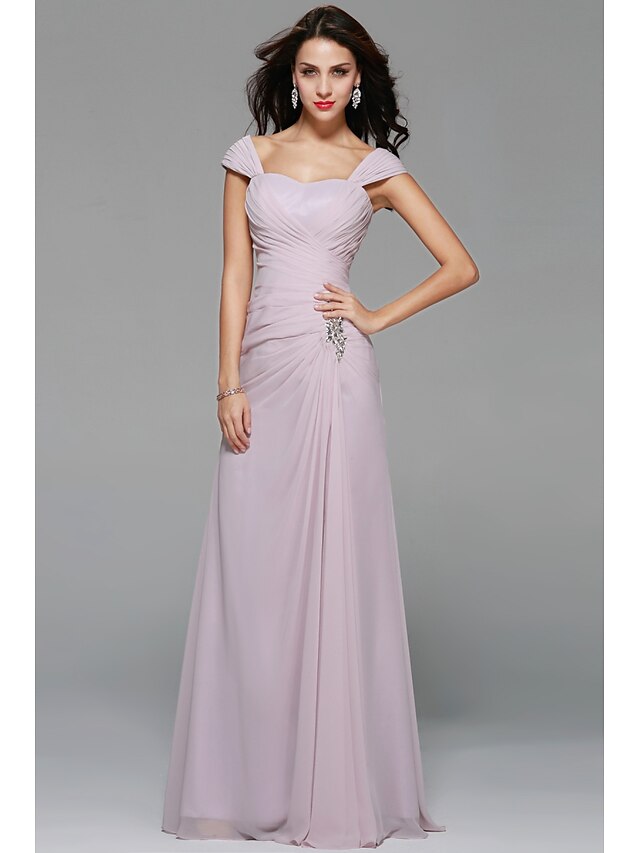  A-Line Off Shoulder Floor Length Chiffon Bridesmaid Dress with Beading / Draping / Side Draping by LAN TING BRIDE®
