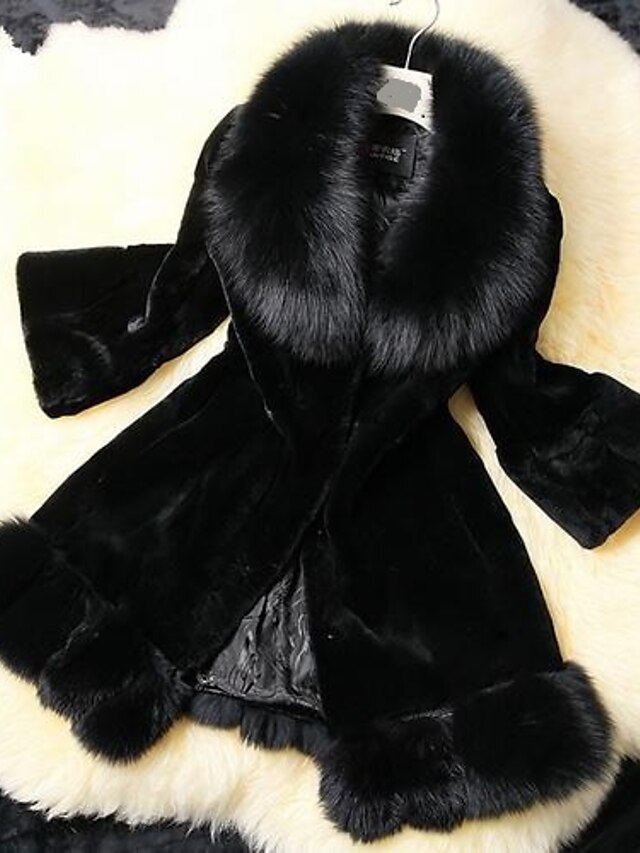  Women's Winter Fur Coat, Solid Colored Long Sleeve Faux Fur / Fox Fur Black XL / XXL / XXXL