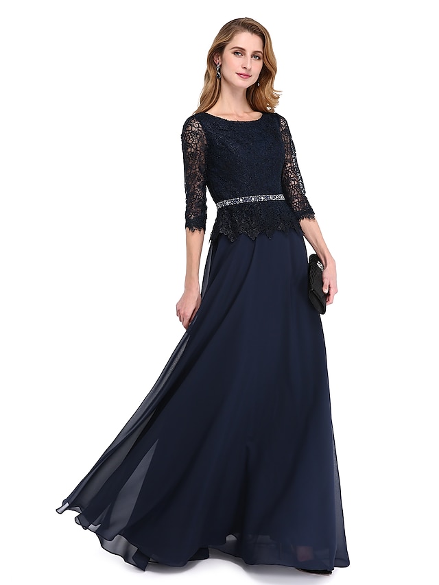  A-Line Mother of the Bride Dress Elegant Jewel Neck Floor Length Chiffon Lace Bodice 3/4 Length Sleeve with Sash / Ribbon Beading 2023