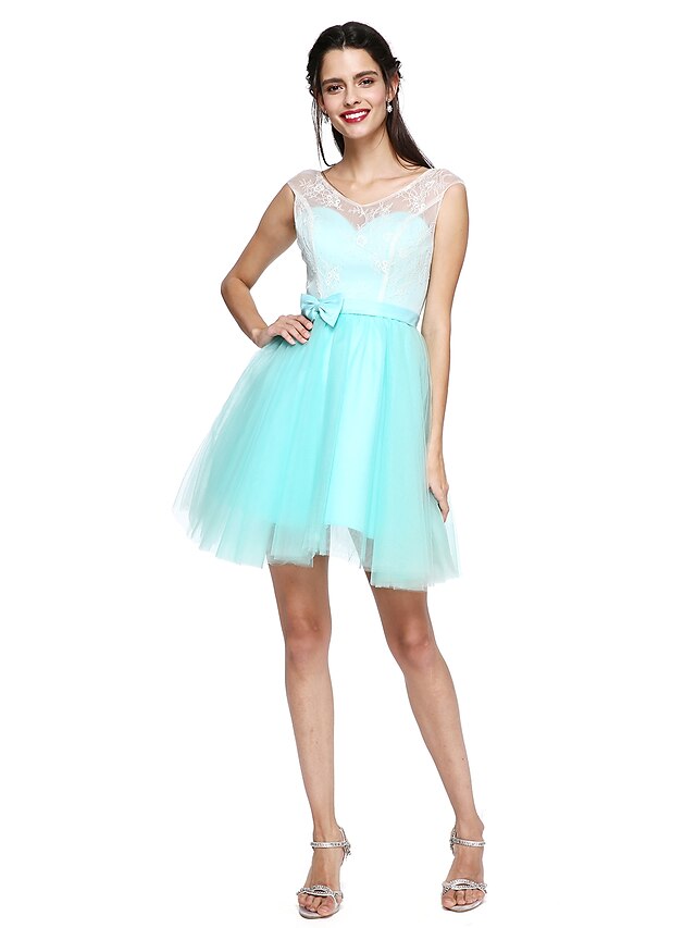  A-Line V Neck Knee Length Chiffon / Tulle Bridesmaid Dress with Bow(s) / Sash / Ribbon / Bandage by LAN TING BRIDE® / Open Back