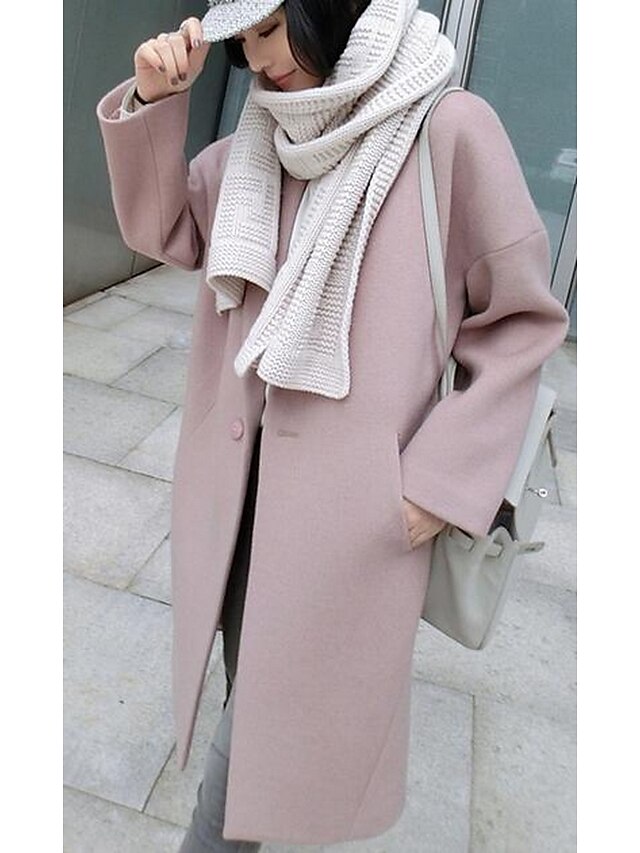  Women's Dailywear / School / Date Solid Fall / Winter Long Coat, Solid Colored / Solid Color Peter Pan Collar Long Sleeve N / A Pink M / L / XL