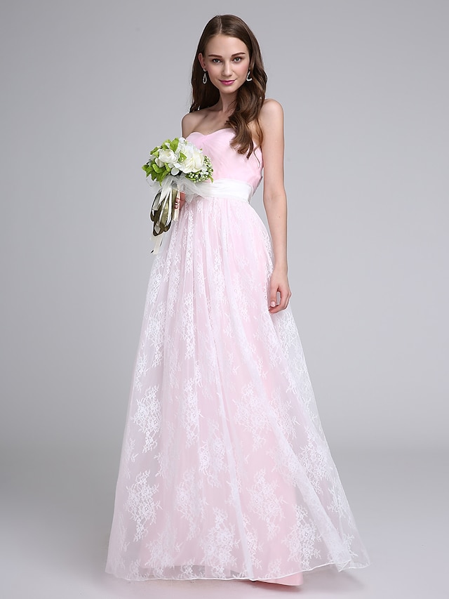  Sheath / Column Bridesmaid Dress Strapless Sleeveless Elegant Floor Length Lace / Tulle with Lace / Sash / Ribbon / Criss Cross