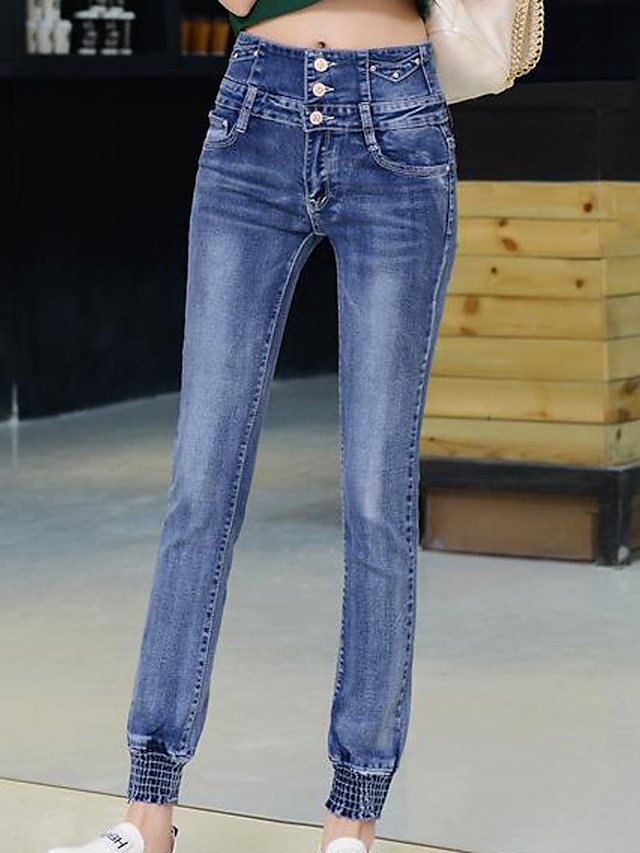  Damen Street Schick Hohe Hüfthöhe Mikro-elastisch Jeans Skinny Hose Solide