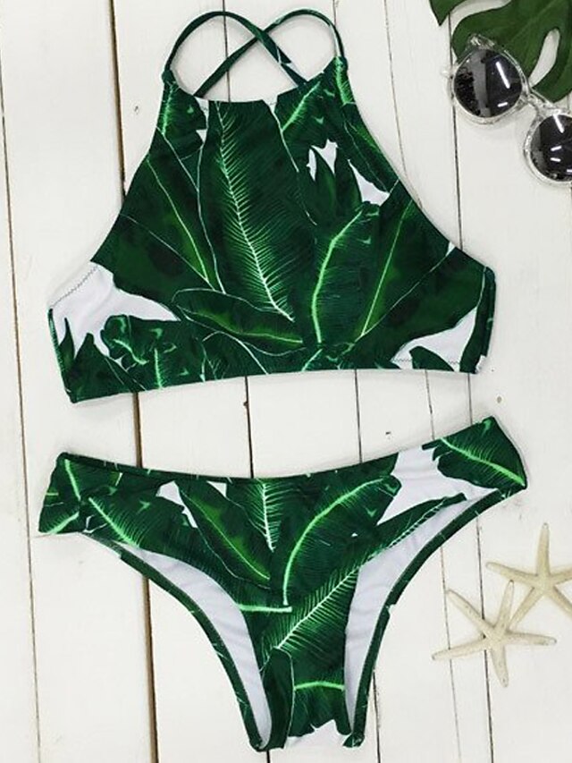  Mujer Bañadores Bikini Traje de baño Estampado Plantas Verde Cuello halter Trajes de baño Floral