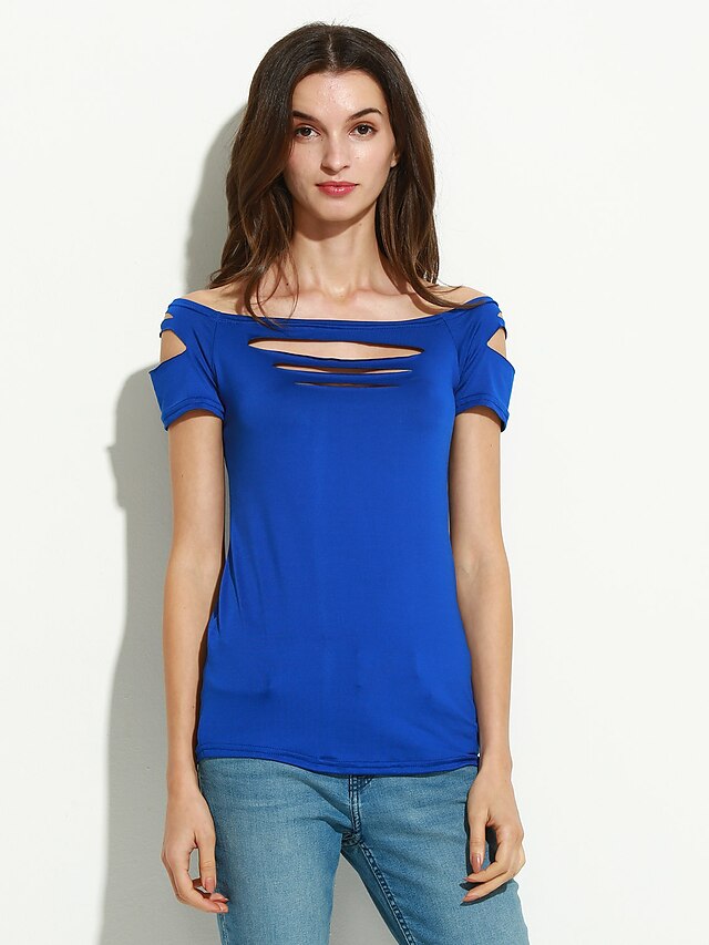  Women's Club Street chic T-shirt - Solid Colored, Hole Boat Neck