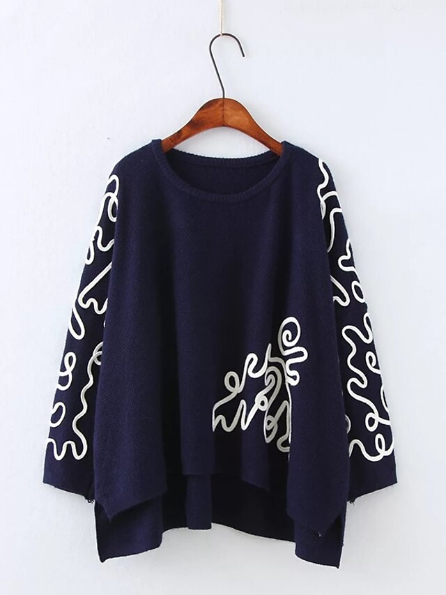 Damen Standard Pullover-Ausgehen Lässig/Alltäglich Einfach Niedlich Stickerei Rundhalsausschnitt Langarm Baumwolle Herbst Winter Mittel