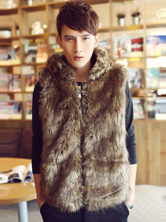  Men's Plus Size Street chic Fur Coat,Solid Hooded Sleeveless Winter Black / Brown Faux Fur Thick
