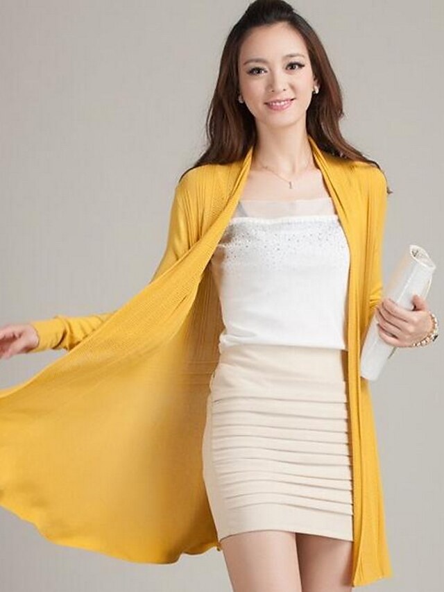  Women's Holiday / Going out Street chic Long Sleeve Cotton Long Cardigan - Solid Colored Halter Neck / Summer