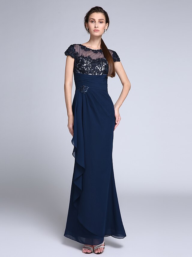  Mermaid / Trumpet Formal Evening Dress Illusion Neck Short Sleeve Floor Length Chiffon with Crystals Appliques 2021