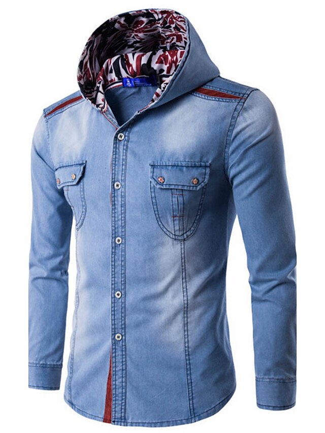  Men's Patchwork Solid Colored Shirt - Cotton Casual Daily Hooded Blue / Light Blue / Spring / Fall / Long Sleeve