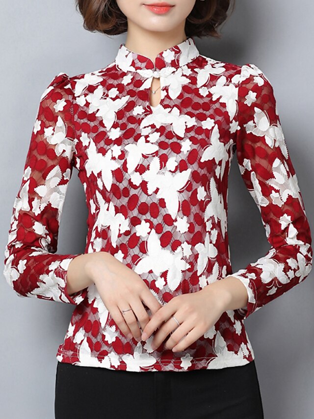  Women's Daily Vintage Fall T-shirt,Floral Stand Long Sleeves Polyester