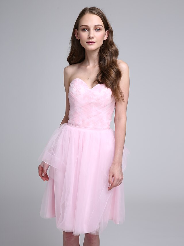  A-Line Sweetheart Neckline Knee Length Tulle Bridesmaid Dress with Appliques / Criss Cross by LAN TING BRIDE®