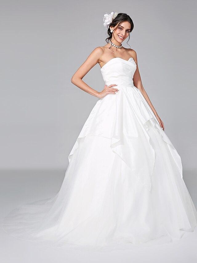 Wedding Dresses Court Train A-Line Sleeveless Sweetheart Taffeta With Criss-Cross 2023 Bridal Gowns