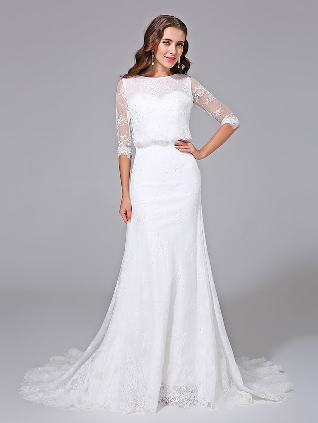  סגנון רויאל שמלות חתונה בתולת ים \ חצוצרה סקופ צוואר חצי שרוול שובל קורט סאטן שמלות כלה עם חרוזים 2024