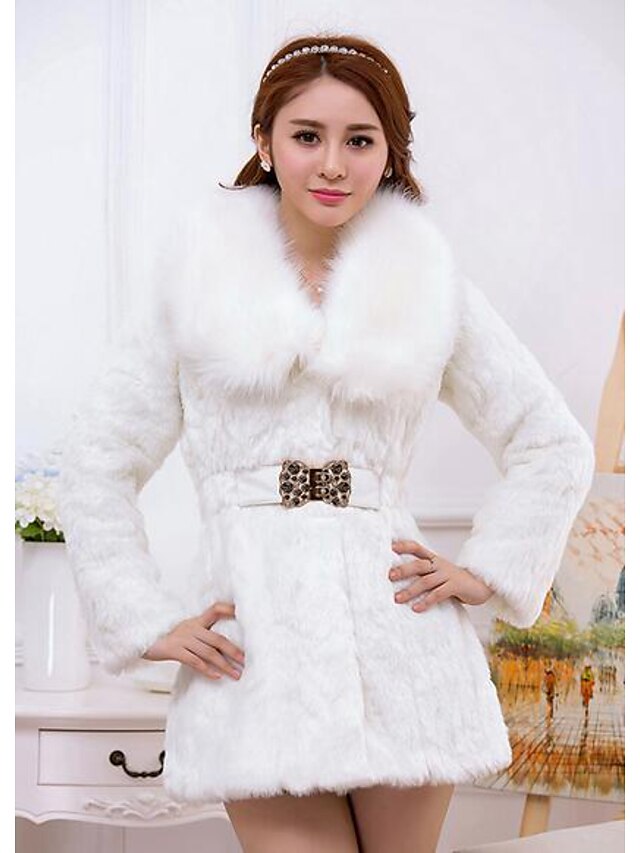  Women's Simple Winter Fur Coat Long Sleeve White / Black
