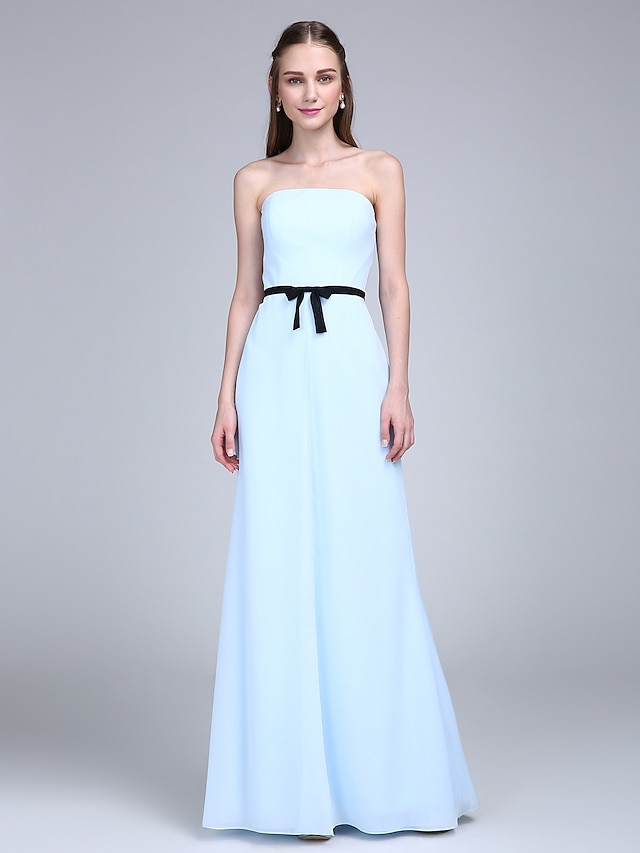  Sheath / Column Bridesmaid Dress Strapless Sleeveless Elegant Floor Length Chiffon with Sash / Ribbon / Bow(s)