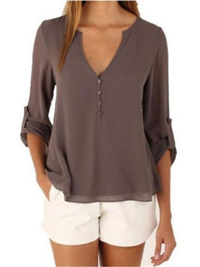  Women's Solid Colored Blouse Long Sleeve Weekend Tops Cotton V Neck Wine White Black