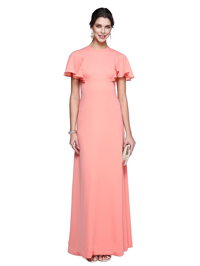  Ίσια Γραμμή Κομψό Μινιμαλιστική Χρώματα Pastel Επίσημο Βραδινό Γαμήλιο Πάρτι Φόρεμα Με Κόσμημα Κοντομάνικο Μακρύ Stretch σιφόν με Βολάν 2020
