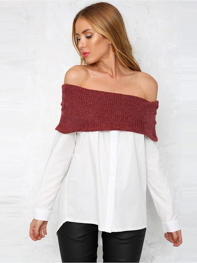  Women's Off The Shoulder Going out Sexy Fall Winter T-shirt,Patchwork Boat Neck Long Sleeve Polyester