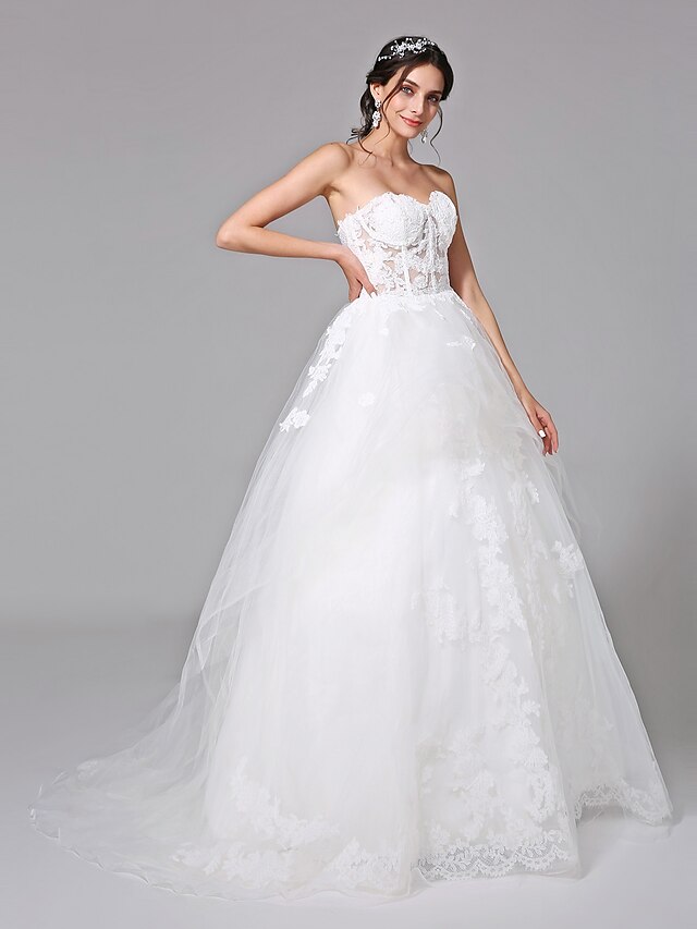  Wedding Dresses Ball Gown Sweetheart Sleeveless Sweep / Brush Train Tulle Bridal Gowns With Appliques 2024