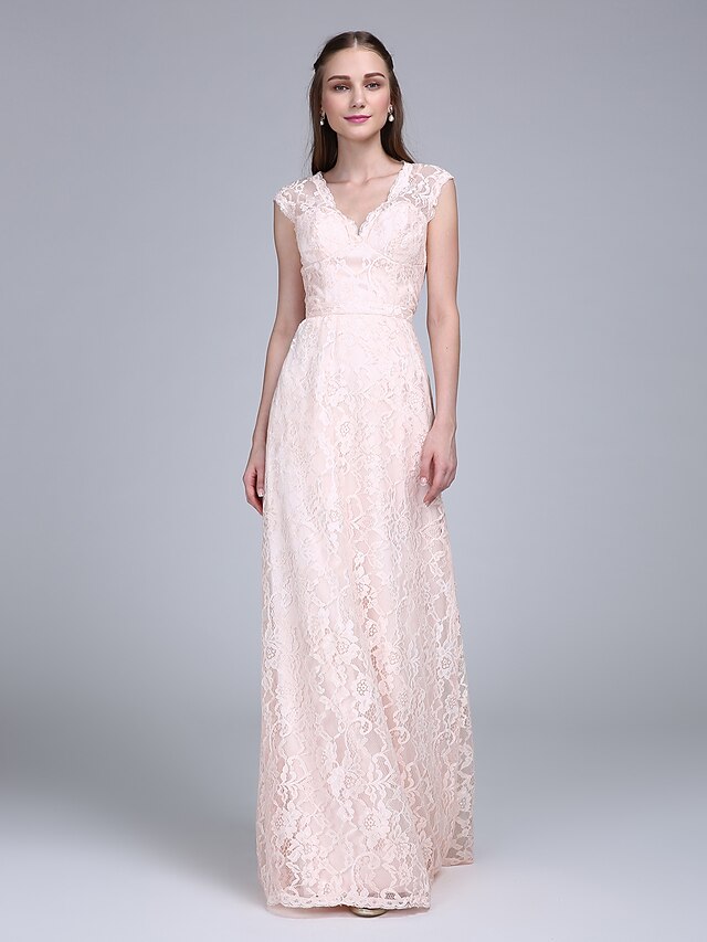  Sheath / Column Bridesmaid Dress V Neck Sleeveless Two Piece Floor Length Lace with Sash / Ribbon